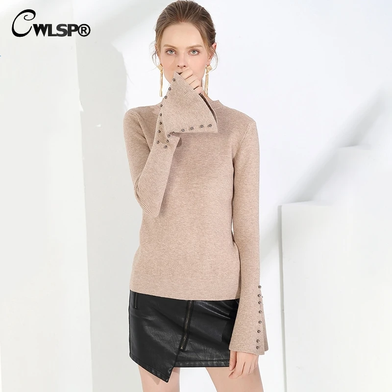 CWLSP 2018 Autumn Solid Knit Ribbed Sweaters For Women 6 Color O Neck Beading Women Pullovers Flare Sleeve Korean Style QZ3073
