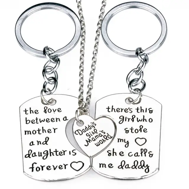 3PC Keychain Mother Father Daughter Love Forever Heart Pendant Necklace Family Jewelry Mom Dad