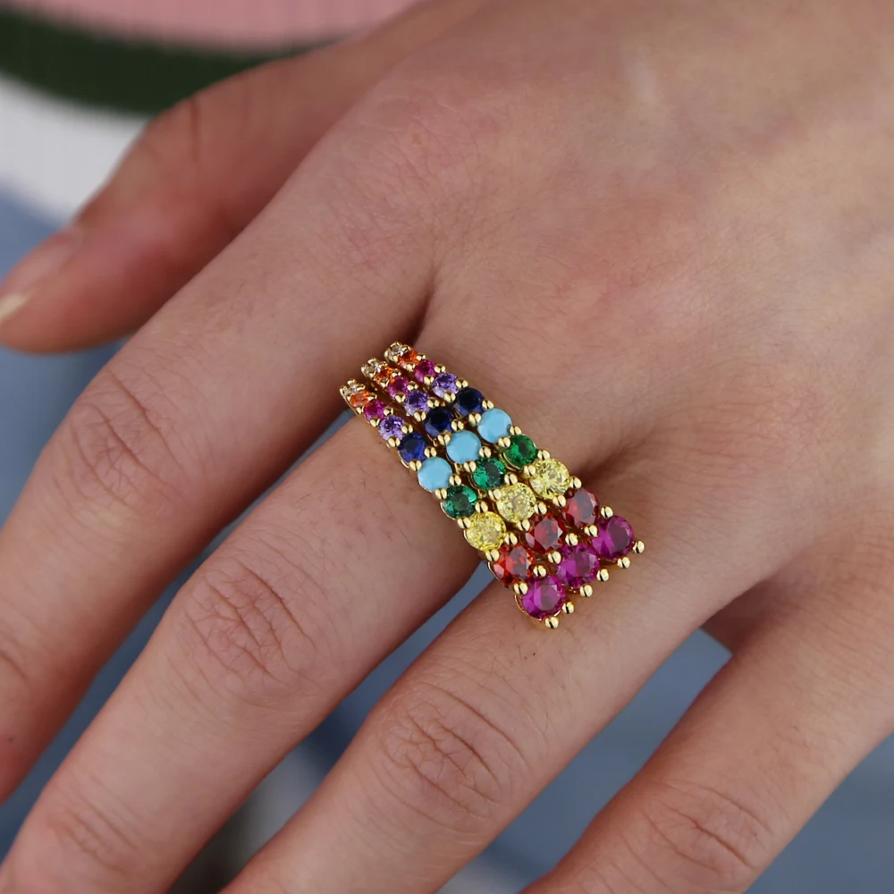 

Multicolor round CZ bar shaped rings for girls women rainbow delicate jewelry gold filled wholesale factory women finger rings