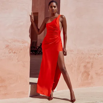 

2018 Newest Elegant Maxi Elegant Celebrity Party Dresses Summer Fashion One Shoulder High Split Slim Women Long Dresses Vestidos