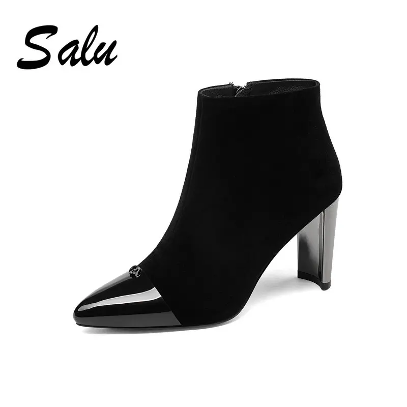 

salu Genuine Leather boots Square Heel Round Toe Shoes Women high Heels Black Cow Leather Quality Ankle Boot Size 35-43