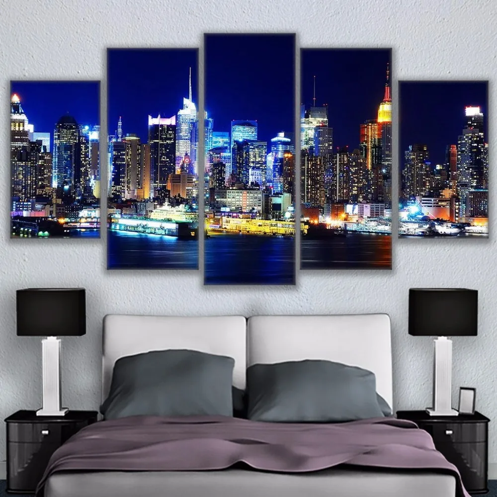 Los Angeles Skyline Night Time Poster 5 Piece Canvas Print Wall Art Decor