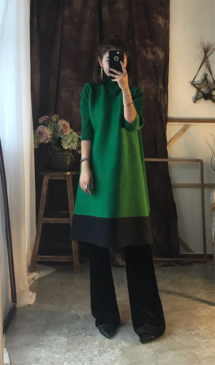 Changpleat женские свободные платья miyka плиссированные high end мода Водолазка Дизайн свободные 3/4 рукав плюс Размеры женский Платья для женщин d67967