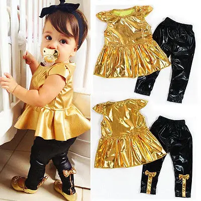 

Baby Girls Gold Clothing 2 Pieces Set Tops and Long Pants Casual Clothes Sets Outfits Children Princess Shirt Pants