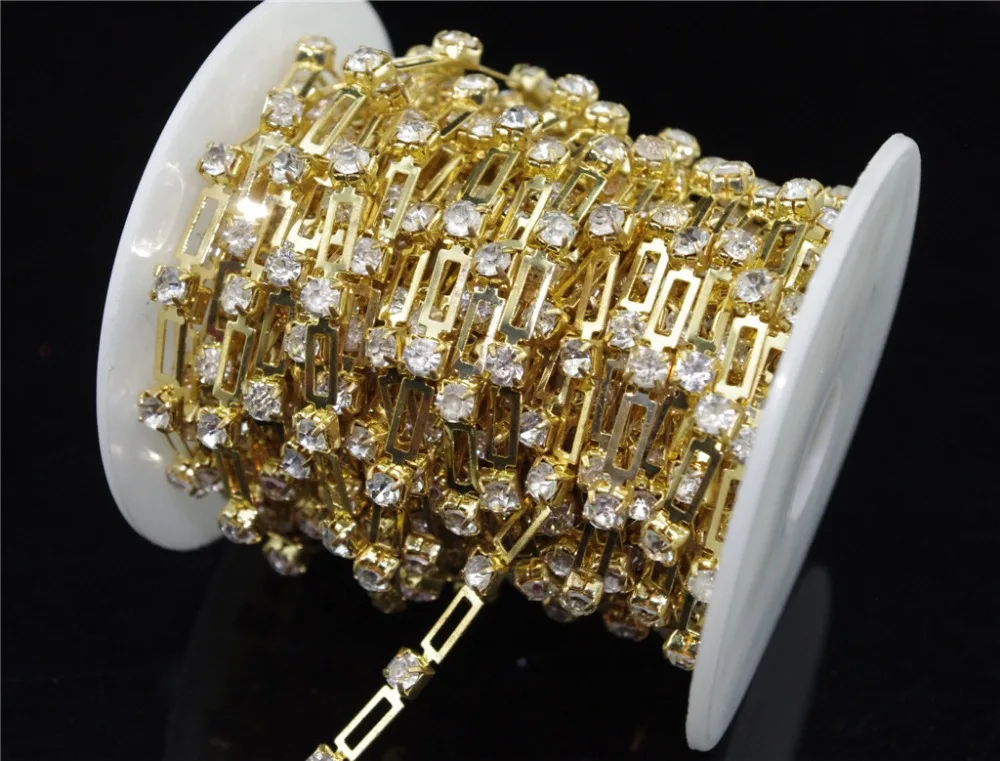 

1 yard 4mm Clear Crystal Rhinestone Gold Chain Sewing On Trims Applique LZ56