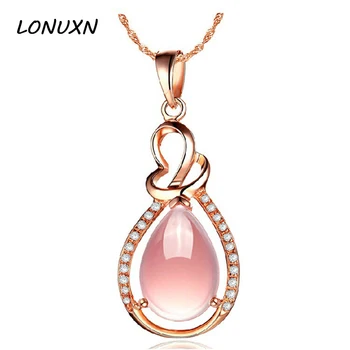 

Natural semi-precious stones High quality Pink crystal Hibiscus women Jewelry gold necklace water drop Pendant girlfriend gift
