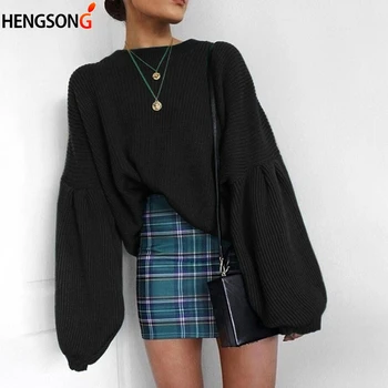 

Winter Long Lantern Sleeve Knitted Sweater Pullover Women Loose Round Neck Red Sweater Female Autumn Women Casual Sweater Jumper