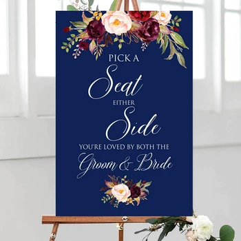 

Floral Wedding Welcome Sign,Pick a Seat not a Side Sign Choose a Seat Ceremony Sign Navy Marsala Wedding Sign ,Wood Plaque