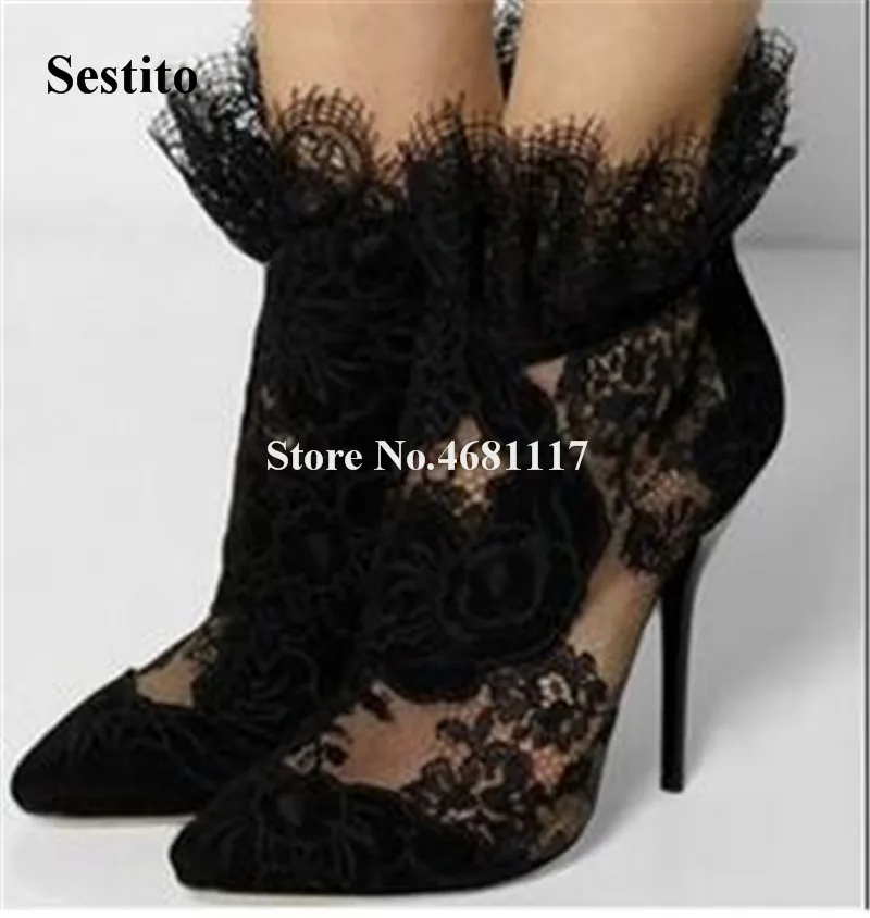 

Women Elegant Suede Leather Mesh Thin Heel Short Boots Fringes Lace High Heel Back Zipper-up Ankle Booties Evening Dress Shoes