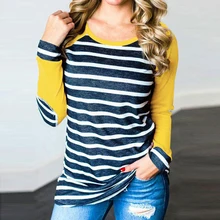 Dsvaenhd полосатая футболка с длинным рукавом для женщин, Повседневная Свободная Лоскутная осенняя одежда, футболка с круглым вырезом, топы, футболки размера плюс
