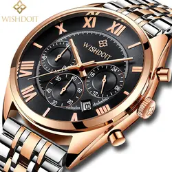 Новая мода Элитный бренд WISHDOIT Для мужчин золотые часы Для Мужчин's Водонепроницаемый Нержавеющая сталь кварцевые часы мужской часы Relogio