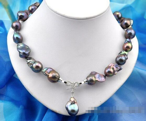 

HOT## Wholesale FREE SHIPPING Rare 18" 26mm baroque black keshi reborn pearl necklace pendant