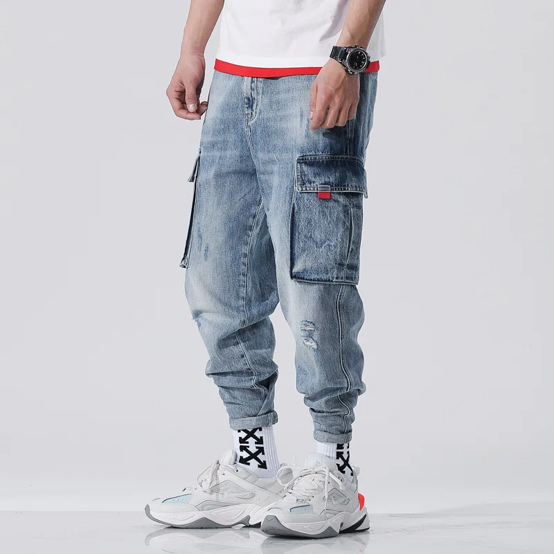 Japanese Style Vintage Designer Men Jeans Light Blue White Wash Loose Big Pocket Denim Cargo Pants Homme Hip Hop Harem Jeans Men
