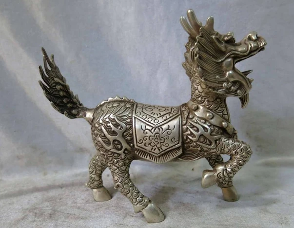 

xd 001444 7" China Silver FengShui Animal Foo Dog Lion kylin unicorn Chinese dragon Statue