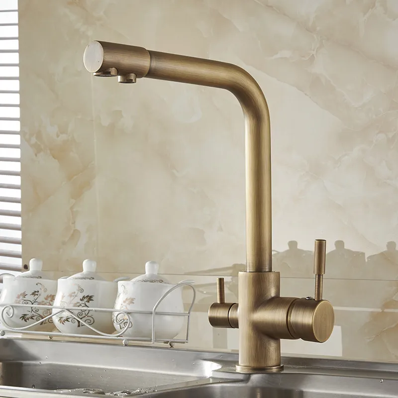 Kitchen Faucets Antique 3 Way Water Filter Taps Dual Handle Chrome Brass Crane High Arch Swivel Pur