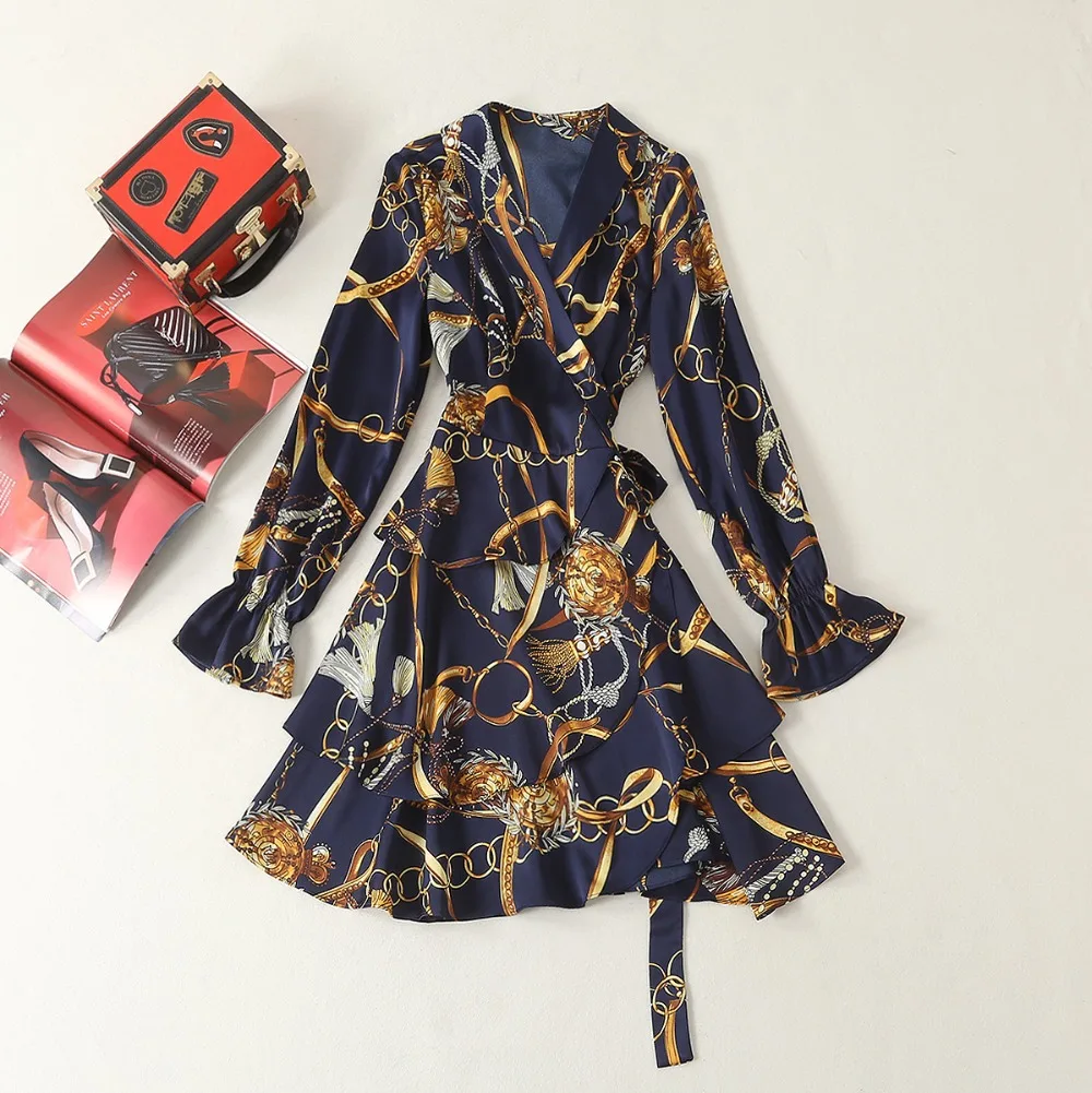 

Runway Designer 2019 Spring Summer Dresses High Quality Chain Print Boho Sexy Long Sleeve V-neck Beach Sashes Mini Dress