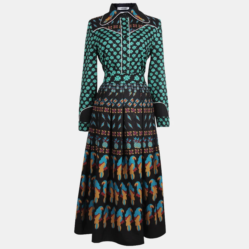 

PERHAPS U Four-leaf clover bird pineapple patchwork print turn down collar button empire long sleeve maxi dress autumn D1795