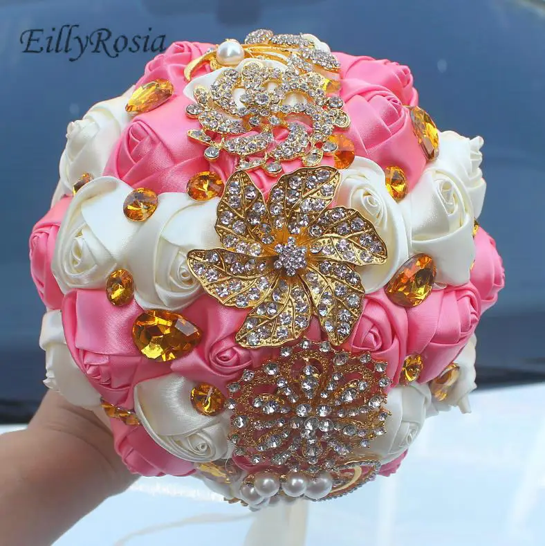 Us 282 40 Offaliexpresscom Buy Gold Brooch Jewelry Crystals Bridal Bouquet Artificial Roses Rhinestones Royal Blue White Wedding Bouquet De