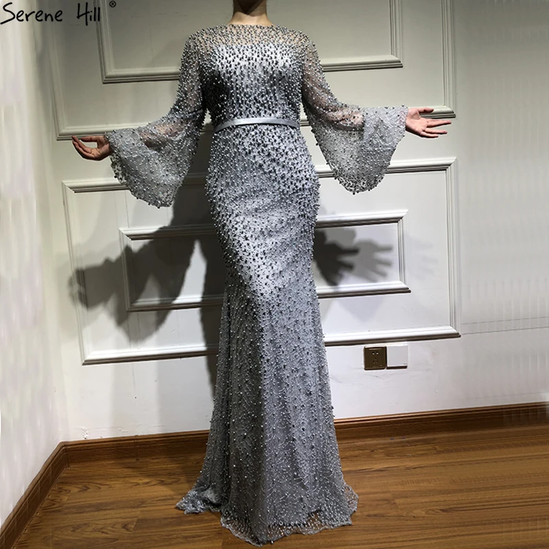 Серое жемчужное вечернее платье русалки с длинным рукавом, сексуальное модное вечернее платье для торжественных случаев, спокойный холм размера плюс LA6556