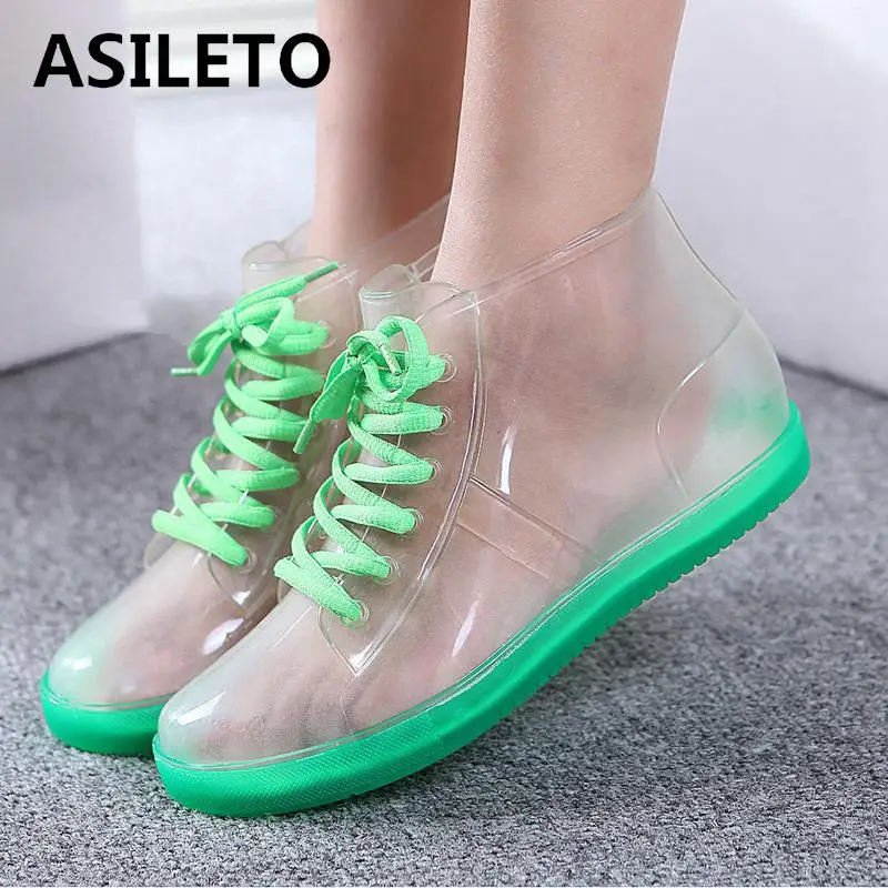 

ASILETO Women Transparent Rain Boots Rubber Lace Up Women Ankle Boots Waterproof Ladies Bottes Boots Woman Shoes bottes de pluie