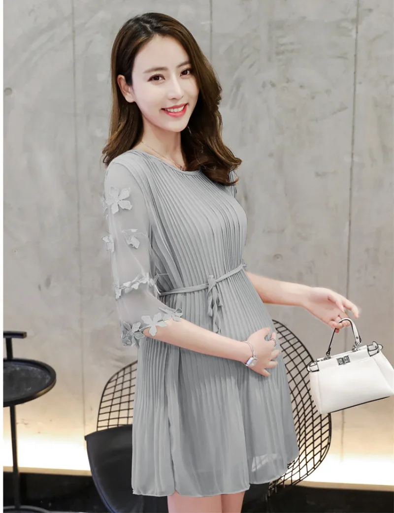Maternity Women Chiffon Sheer Pleated Dress 3D Flower Half Sleeve Chic Cute Pregnancy Tops Summer Style Pink Black Gray Dress  (3)