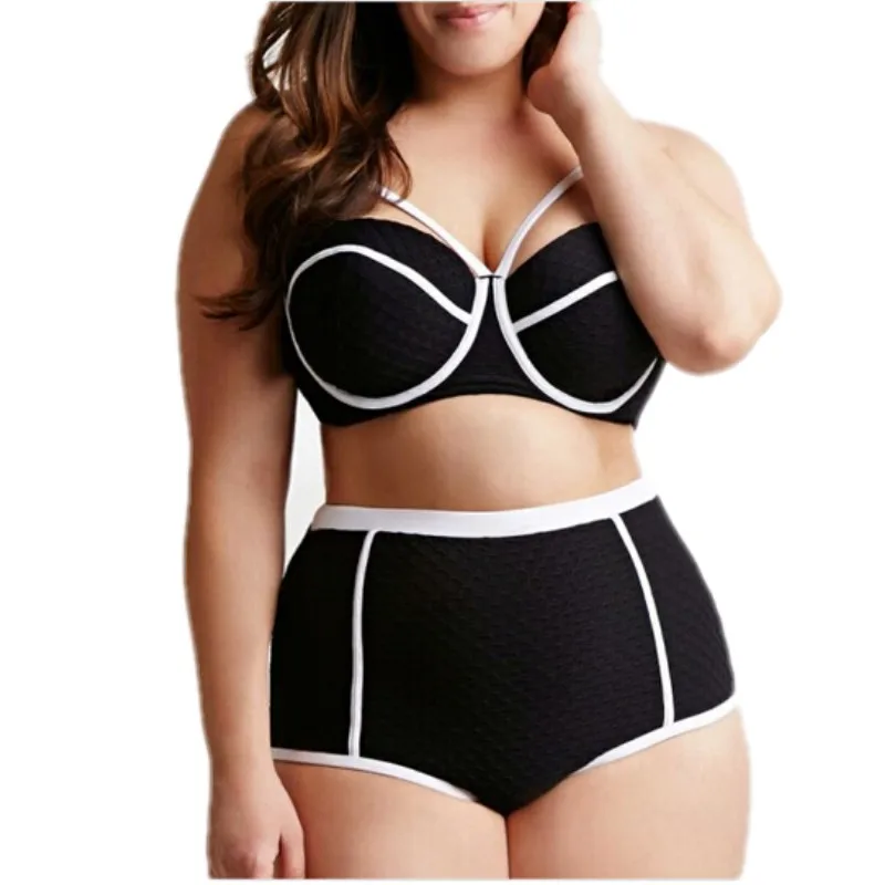 

Black & White Patchwork High Waisted Swimwear High Cut Swimsuit Push Up Bra Padded Bikini Plus Size XL XXXL-XXXXL Big Size 2019