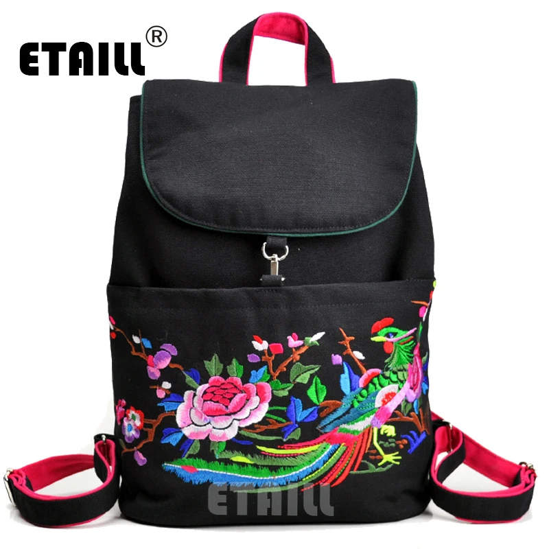 

ETAILL Vintage Embroidery Rucksack Women Ethnic Canvas Drawstring Small Backpacks Teenage Girls Mochilas Escolares Feminina
