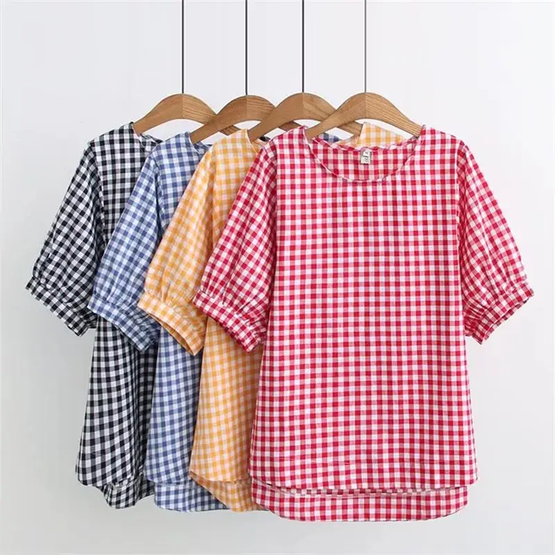 

Plus size plaid t shirt woman casual lantern sleeve tshirt summer 2018 cotton linen women t-shirt tops O-Neck tee shirt femme