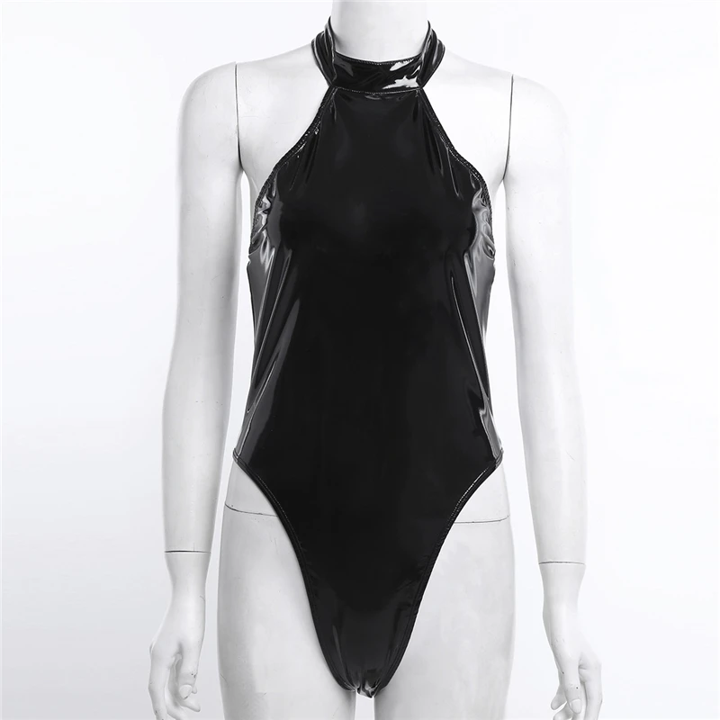 Sexy Women Black One Piece Body Suit Wetlook Latex Catsuit High Neck Halter Backless Leotard Bodysuit for Night Club Dance Wear sexy bodysuit