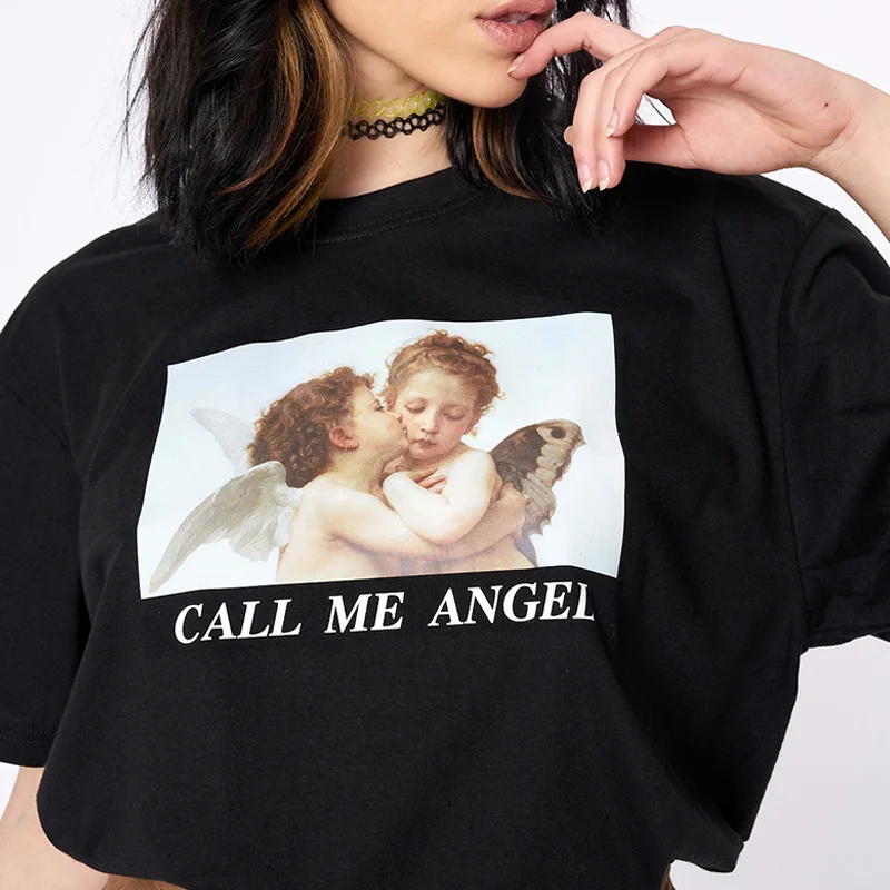 Женская футболка с коротким рукавом Saimishi Angel черная хлопковая Футболка буквенным