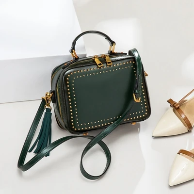 WOONAM, Женская сумочка, Италия, натуральная телячья кожа, маленькая коробка с заклепками, кисточками, сумка через плечо, заклепки, молния, сумка WB413 - Цвет: Green
