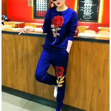 Весна длинный рукав длинные брюки розы Вышивка спортивный свитер комплект из двух предметов дышащая Спортивные костюмы