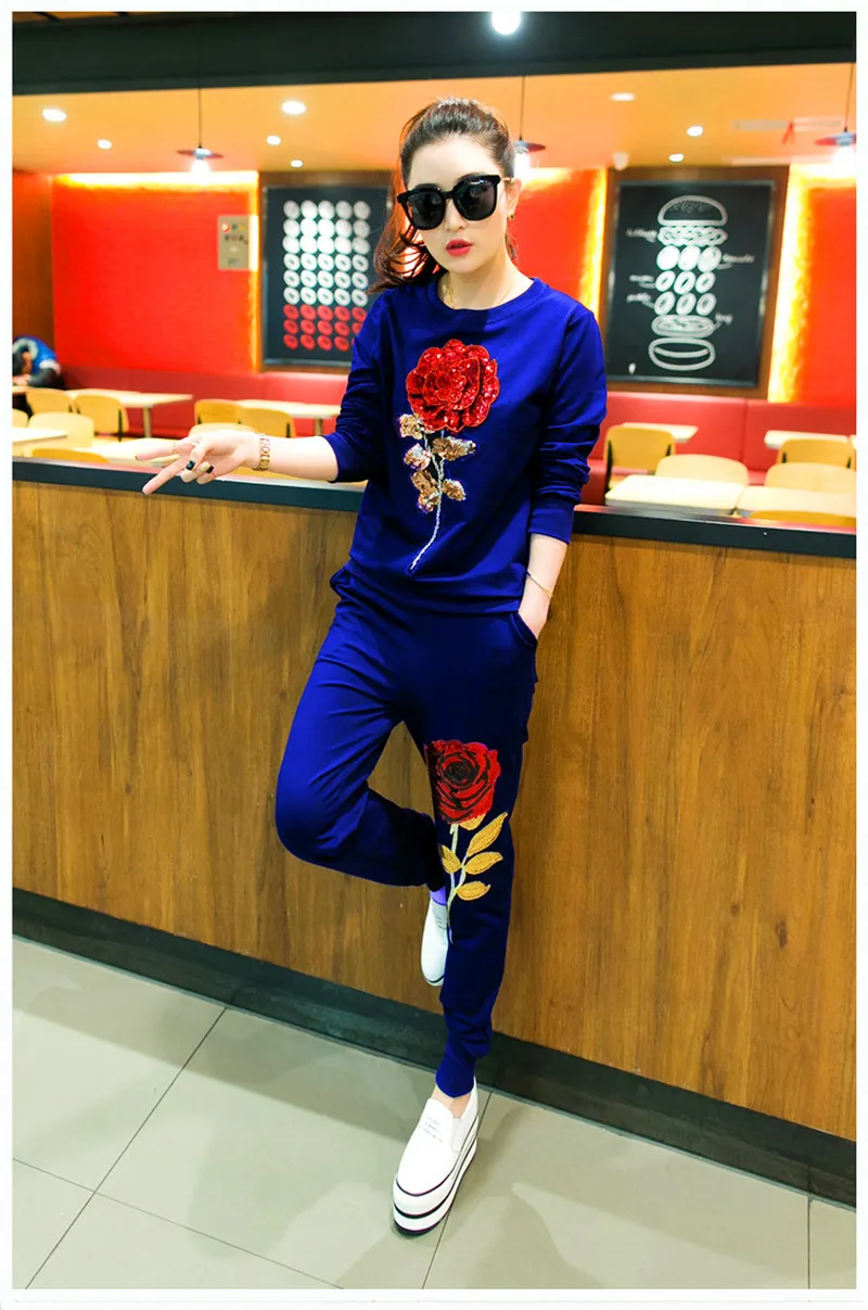 

2018 Spring New Full Sleeve Long Pant Rose Flower Embroidery Sport Sweater Two Piece Set Breathable Trainning & Exercise Sets
