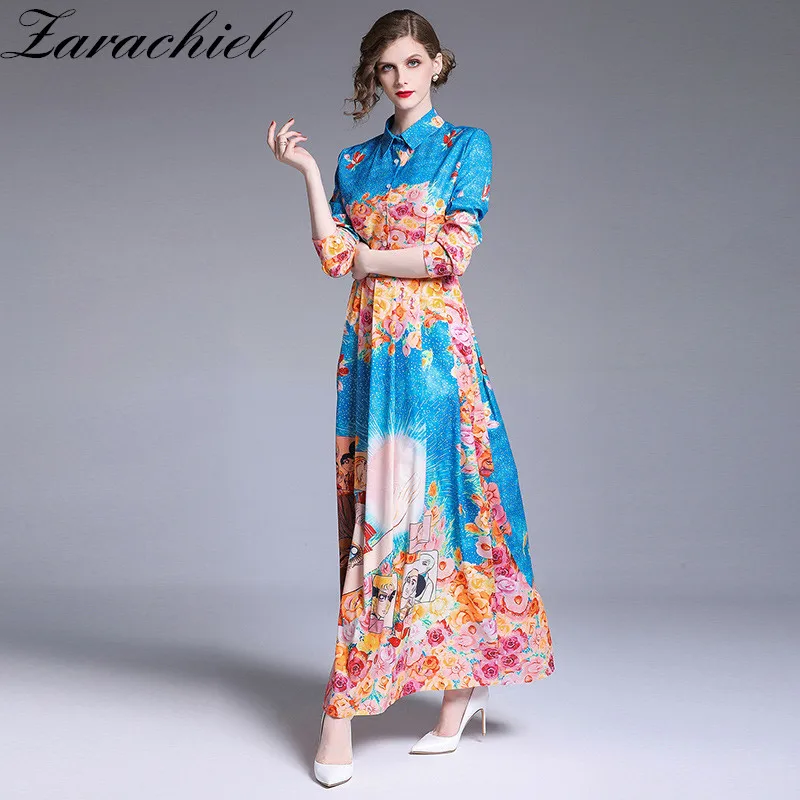 

Fashion Designer Runway Floral Long Sleeve Maxi Dresses 2019 Fall Women Elegant Party Floral Cartoon Characters Print Long Dress