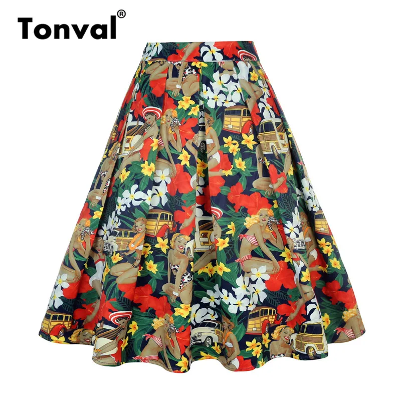 Tonval винтажная черная плиссированная юбка с принтом кактуса с эластичной резинкой на талии, повседневные юбки с карманами, Женская юбка миди с высокой талией