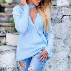 Мода 2019 г. элегантный вязаный джемпер Топ Blusa Sexy Глубокий V образным вырезом Женские трикотажные пуловеры осень зима двойной способ носить