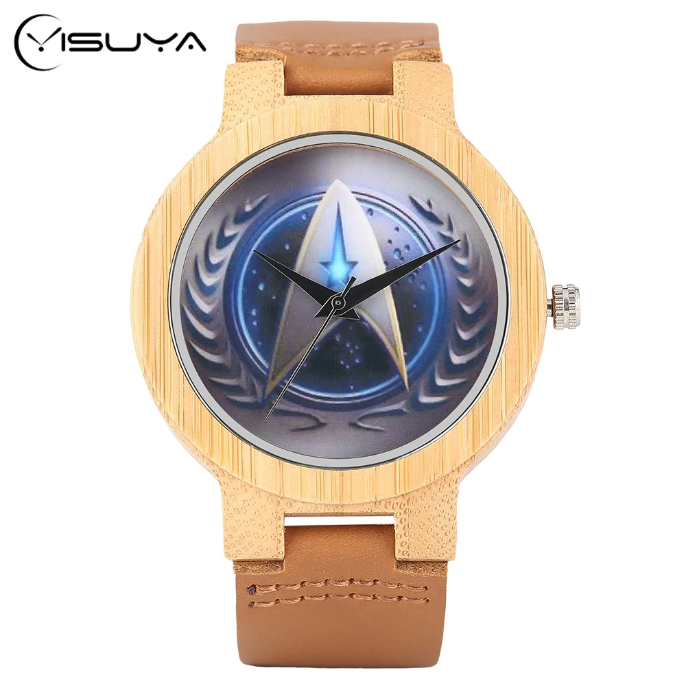 

YISUYA Star Trek Bamboo Wood Wrist Watch Men Handmade Nature Wooden Watches Genuine Leather Band Creative Watches Christmas Xmas