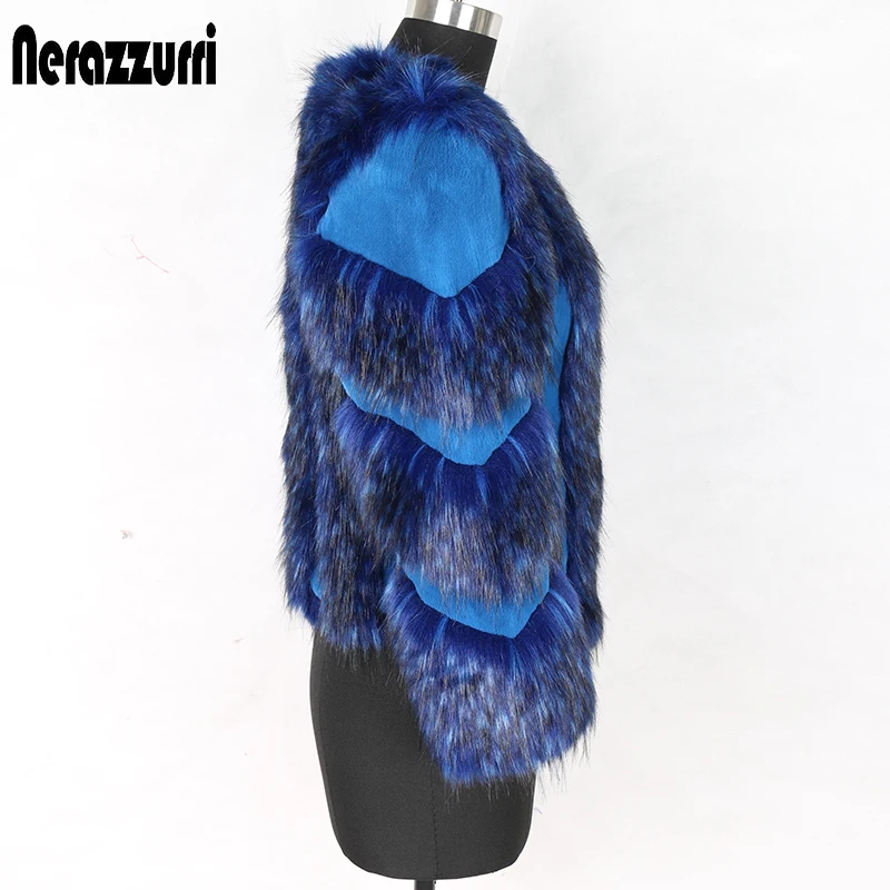 Nerazzurri Winter fox fur and rex rabbit fur color block patchwork fake fur jacket blue short warm big size faux fur coat women