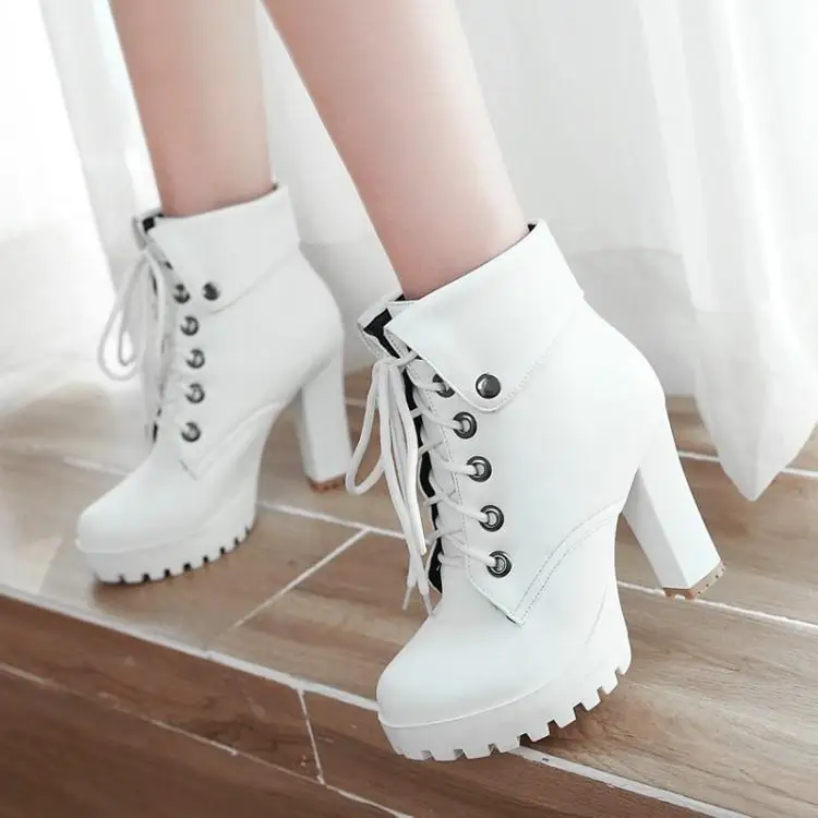 

Women's Sexy White Roman Autumn And Winter Belt Buckle High Heel Platform Ankle Boots Black Brown Booties Large Sizes