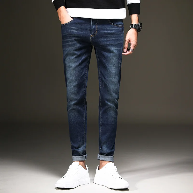 

2019 Popular New Design Casual Spring Thin Jeans Men's Cotton-blend Slight Stretch Whiskers Wash Effect Slim Fit Jeans