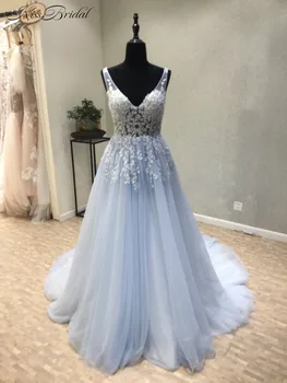 

Vestido de noiva New Cheap Wedding Dress 2020 V-Neck Sleeveless A-Line Court Train Appliques Tulle Backless China Bridal Gowns