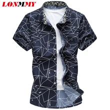 LONMMY 6XL 7XL клетчатая рубашка мужская повседневная slim fit с короткими рукавами camiseta masculina рубашки мужские платья Белый небесно-голубой темно-синий лето
