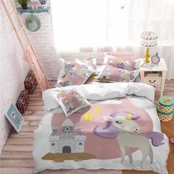 

3Pcs Unicorn Bedding Set Castle Print Duvet Cover Set Colorful Cartoon Bedding Kids Bedclothes Pillowcase Home Decor D45