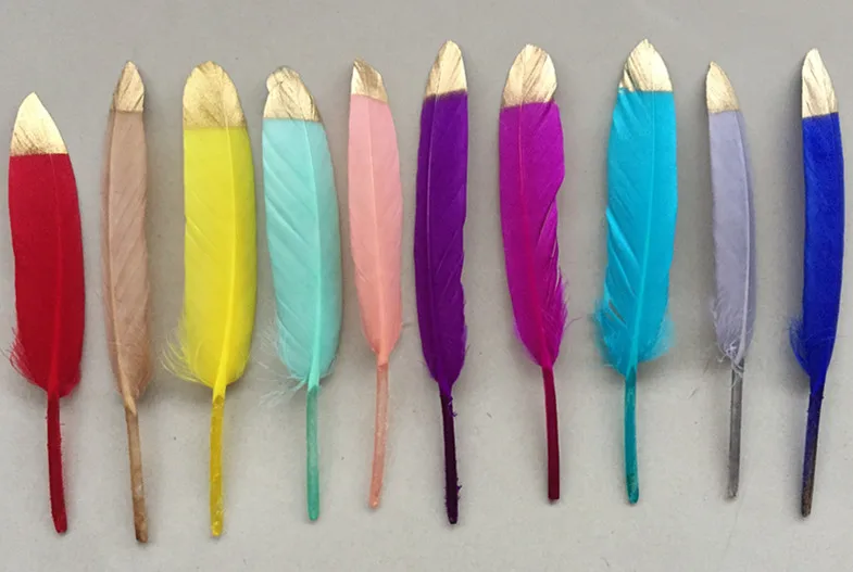 

wholesale 10pieces Newest Double Side Gold Color Goose/Duck Feathers 10-15cm/4-6inches Decoration Plume 16 colors are available