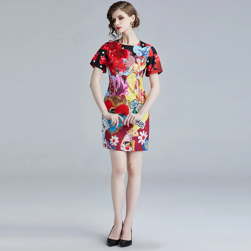 M-XXL spring summer woman dress 3d red flower applique shoulder yellow blue red cartoon pattern print cute sweet mini dress