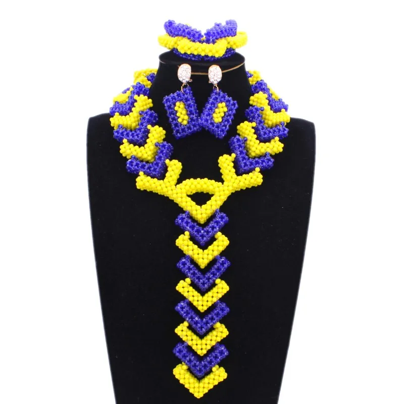 

Yellow Royal Blue African Wedding Costume Jewelry Set Nigerian Beads Necklace Jewelry Set For Women Indian Necklace Set 2018 New