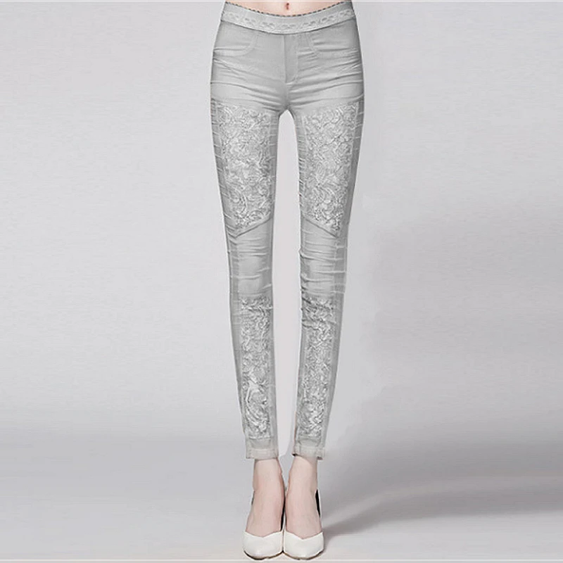 Europe Et Du Femmes 2018 Poches De Pantalon Élastique Kaki Crayon 2 Couleurs Taille Patchwork Amérique Mode Dentelle Soie Maigre En 95 Style argent qaCZw