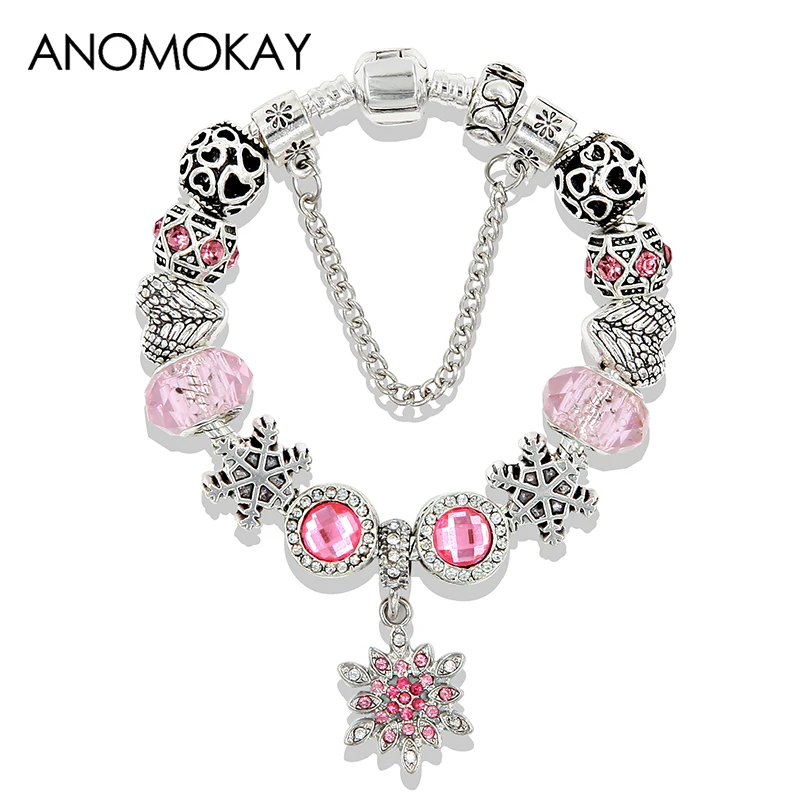 

New Design Blue Snowflake Crystal Charm Bracelet Tibetan Silver Bead P Bracelet & Bangle for Women Child Girlfriend Gift