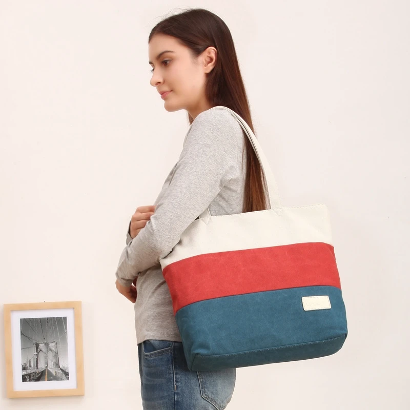 Striped Canvas Tote Bag 2016 Women Casual Shoulder Bags Patchwork Totes