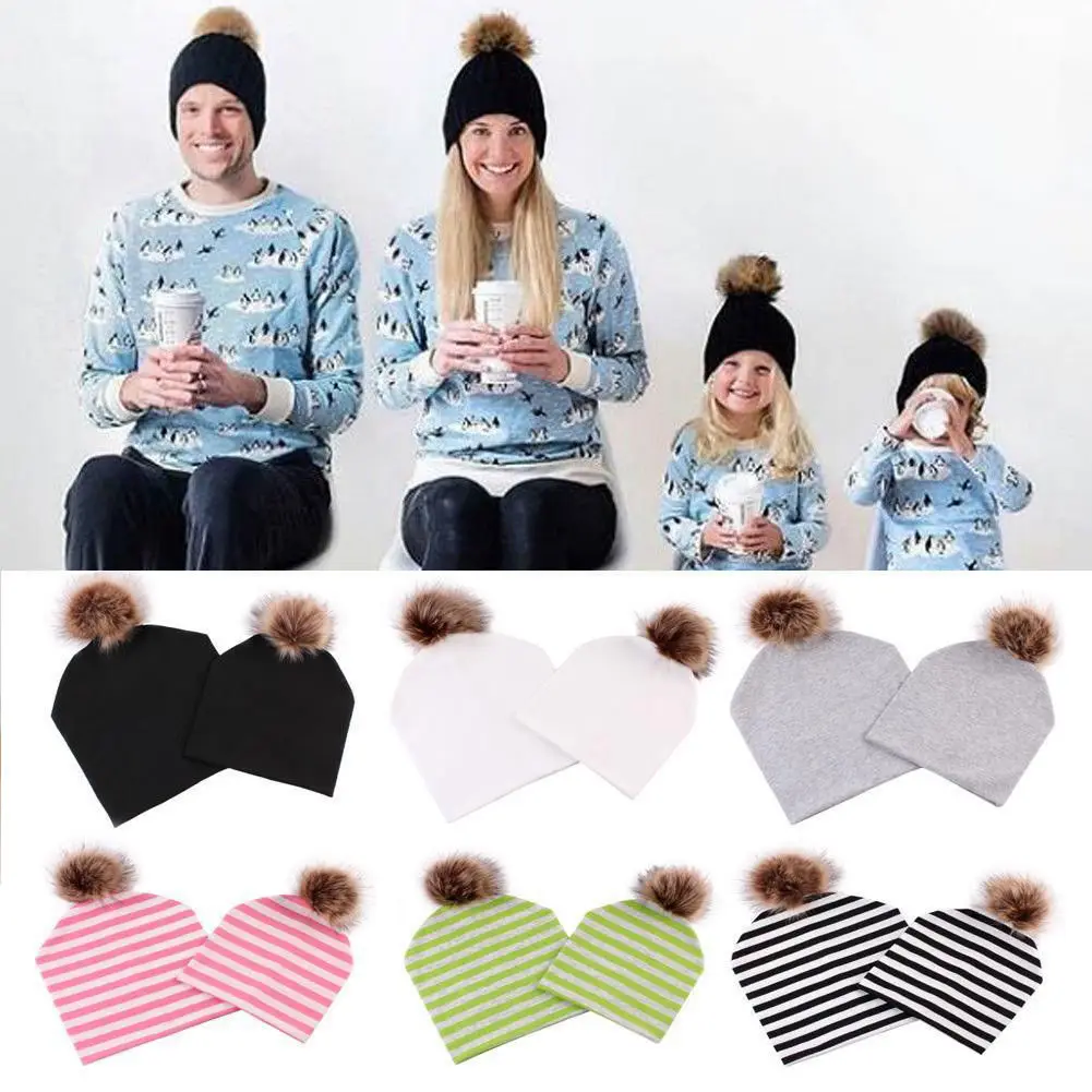 

Mom Baby Kid Winter Warm Fox Fur Ball Beanie Hat Mommy And Me Mother And Daughter Cotton Knitted Parent-Child Hat